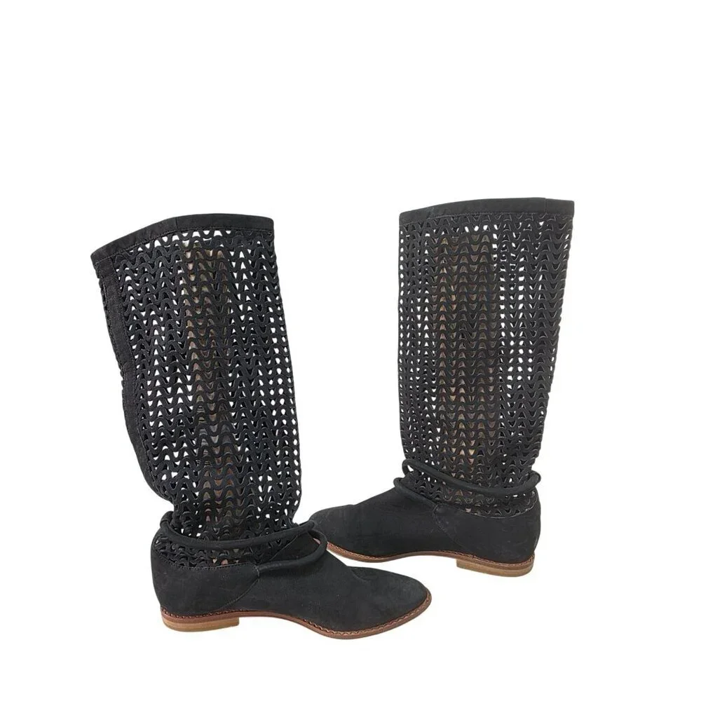 Vintage 90s Nickels Italy Suede Lattice Cutout Tall Boots 6B Boho Festival Flat